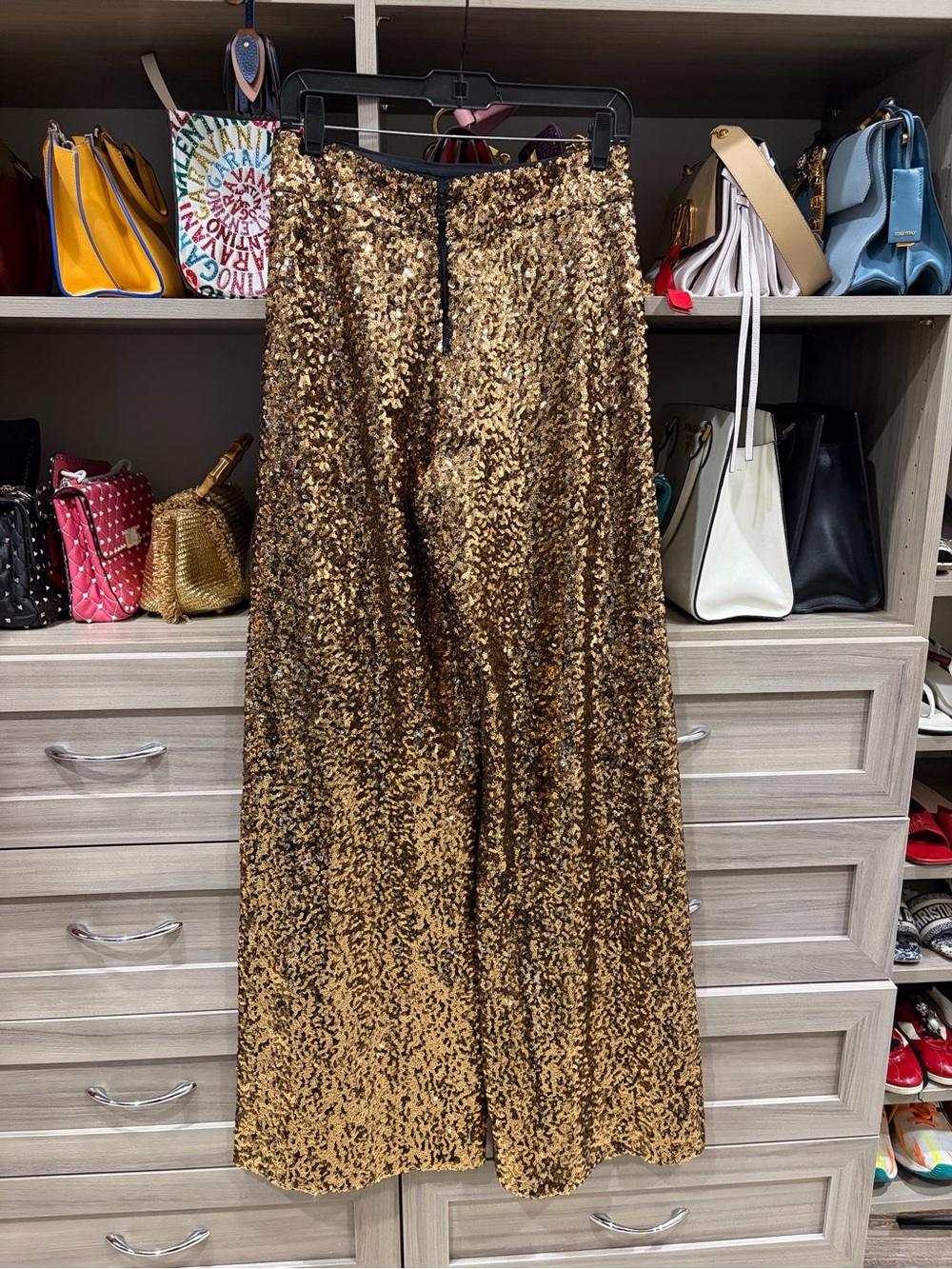 Alice + Olivia Metallic Gold Sequin Wide-Leg Pants - Picture 2 of 6
